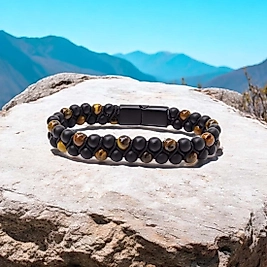 Kaplan Gözü Ve Oniks Doğaltaş Ve Çelik Halatlı Erkek Bileklik