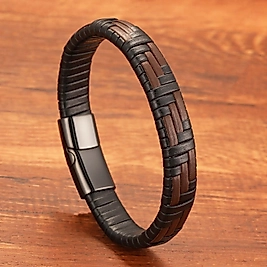 Kahve Ve Siyah Deri Örgü Ve Çelik Bileklik