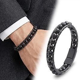 Desenli Oniks Doğaltaşlı Deri Bileklik